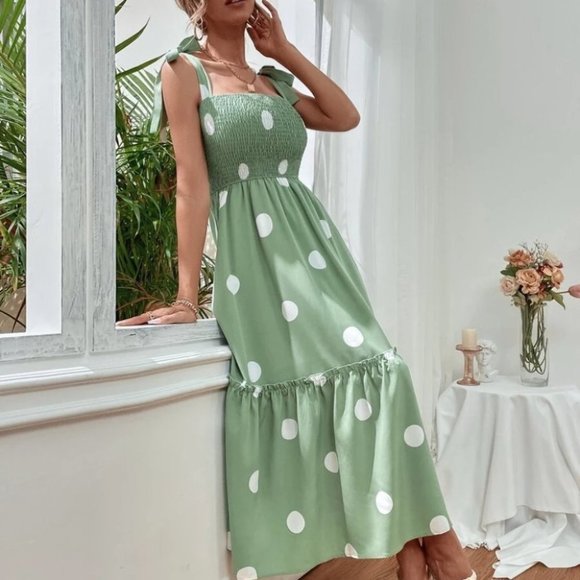 Green Polka Dot Tie Shoulder Cami Dress - Picture 6 of 6